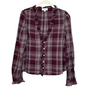 Evereve Shirt Womens Small Burgundy Plaid Ruffle Trim Button Front Long Sleeve